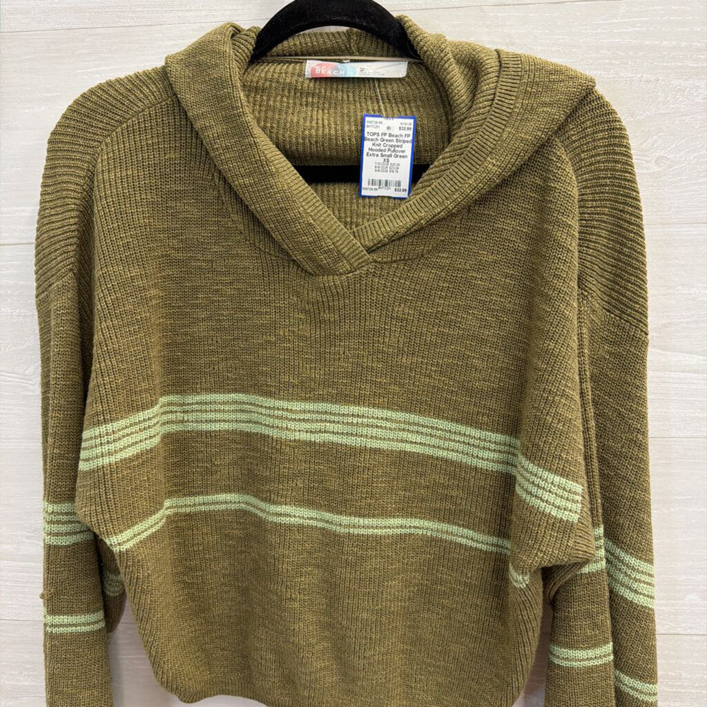 FP Beach Green Striped Knit Cropped Hooded Pullover Extra Small