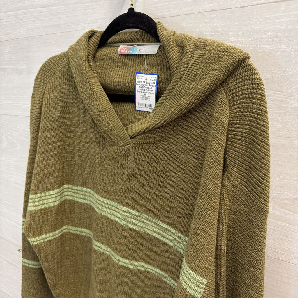 FP Beach Green Striped Knit Cropped Hooded Pullover Extra Small