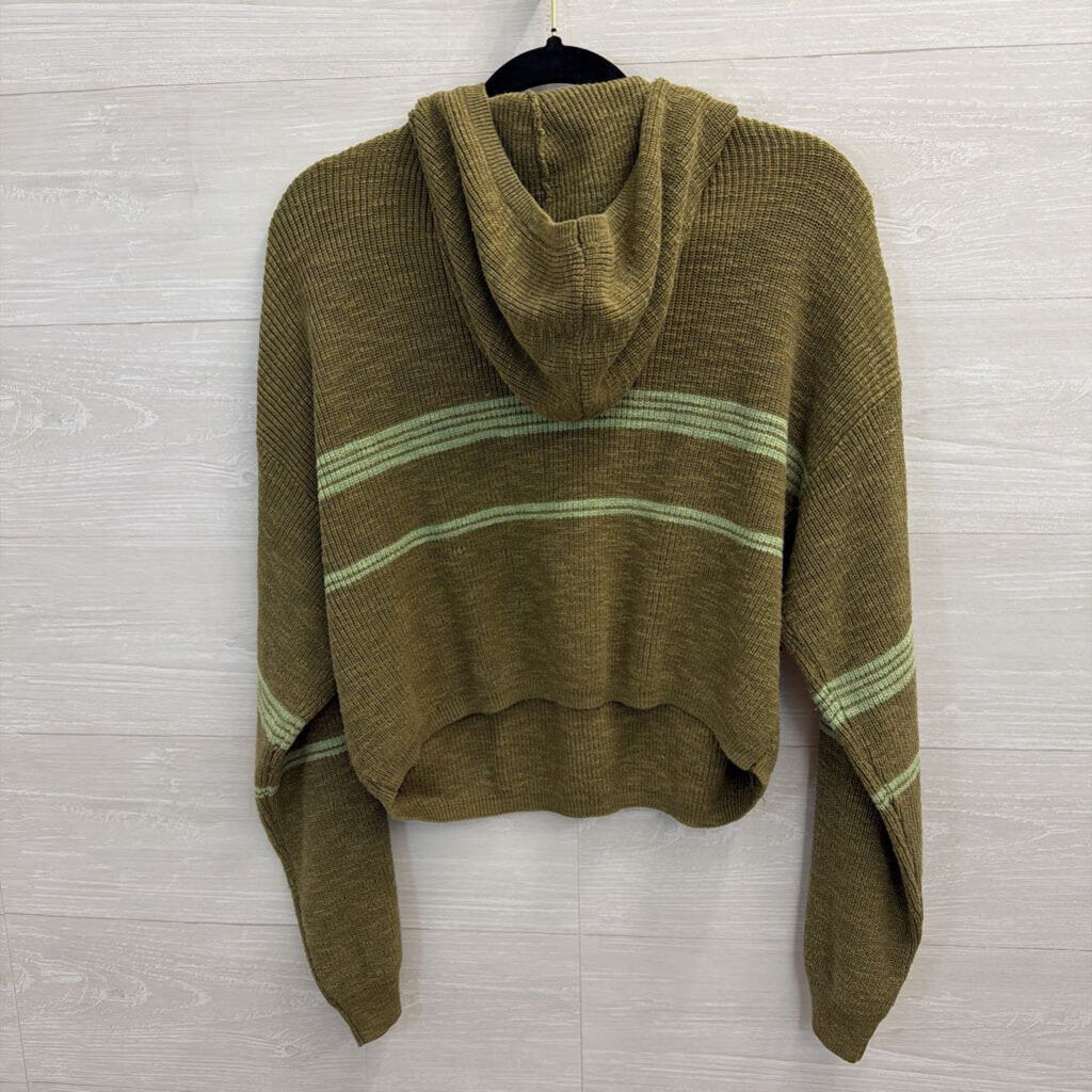 FP Beach Green Striped Knit Cropped Hooded Pullover Extra Small