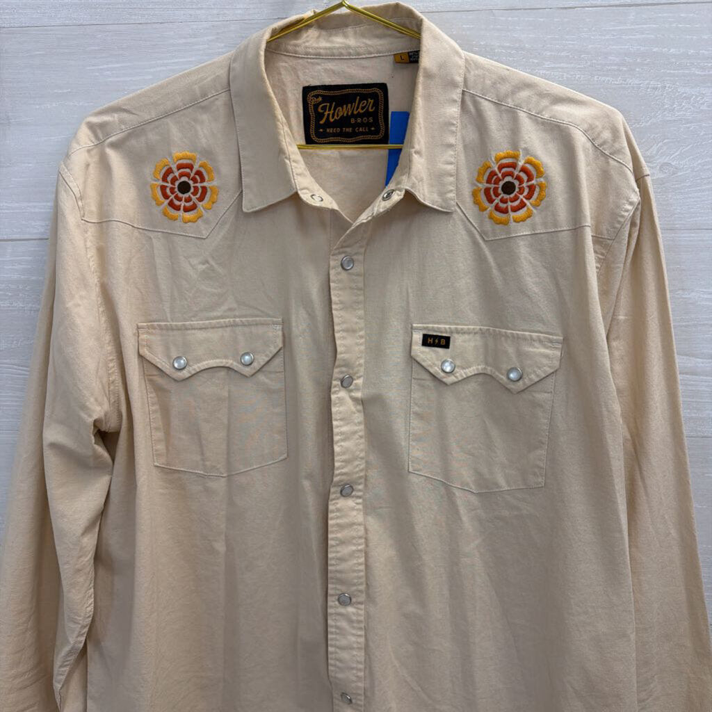 Howler Bros Beige Embroidered Long Sleeve Snap Front Top Large