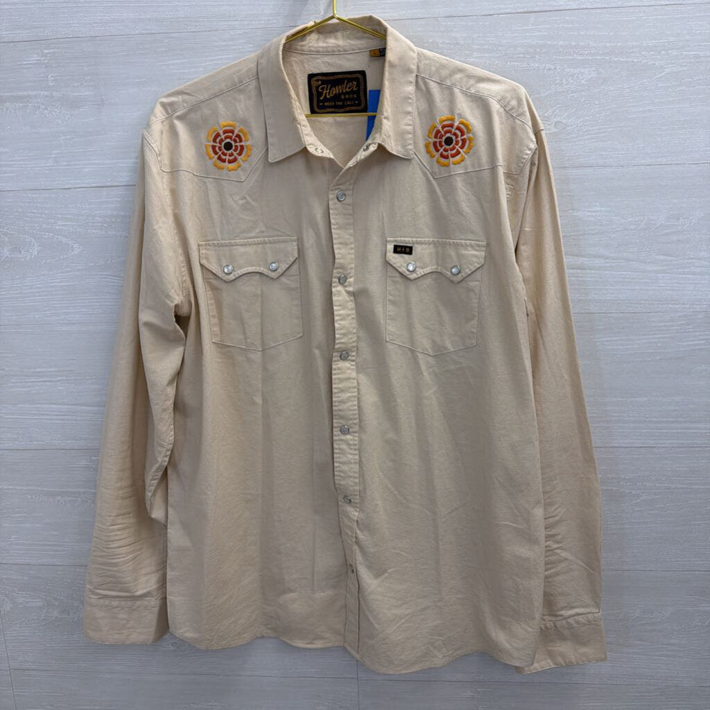 Howler Bros Beige Embroidered Long Sleeve Snap Front Top Large