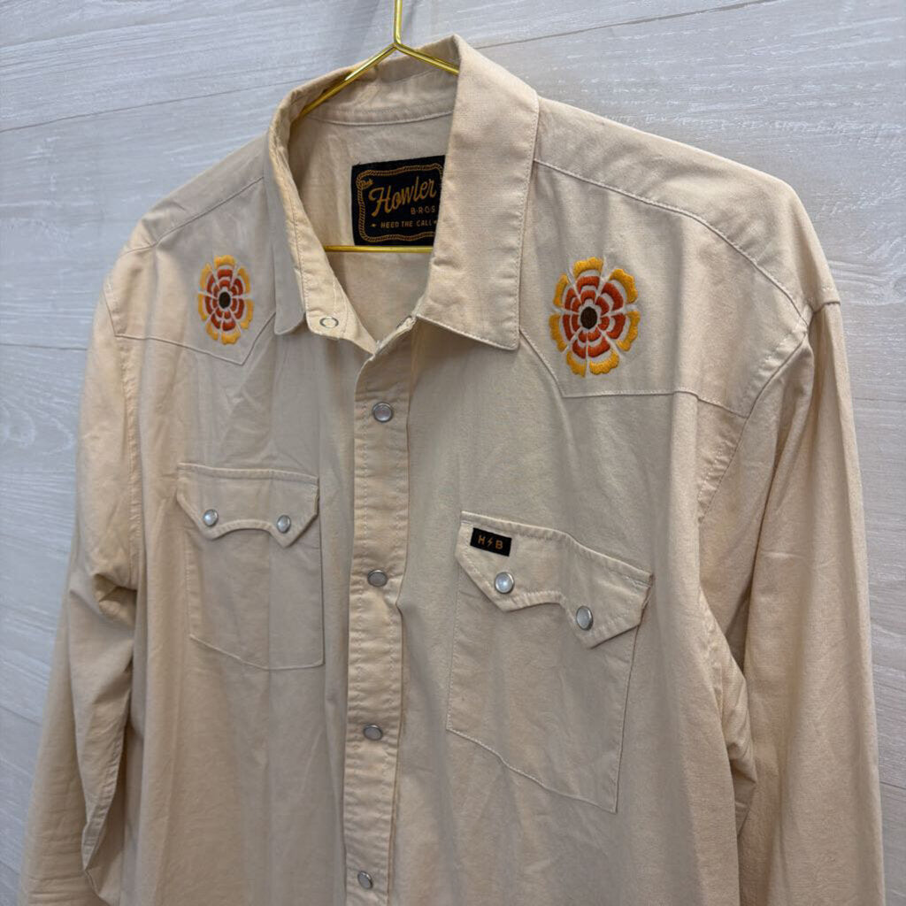Howler Bros Beige Embroidered Long Sleeve Snap Front Top Large