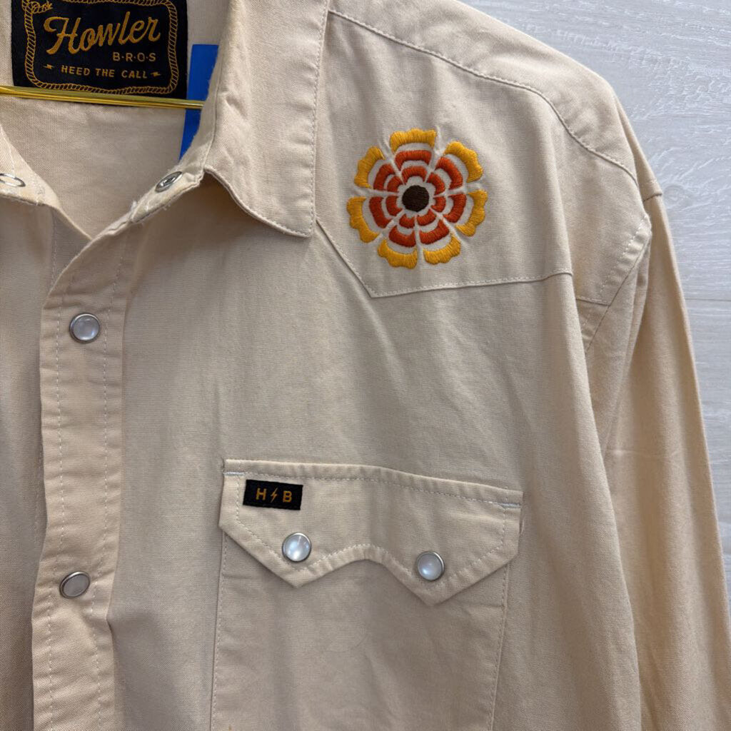 Howler Bros Beige Embroidered Long Sleeve Snap Front Top Large