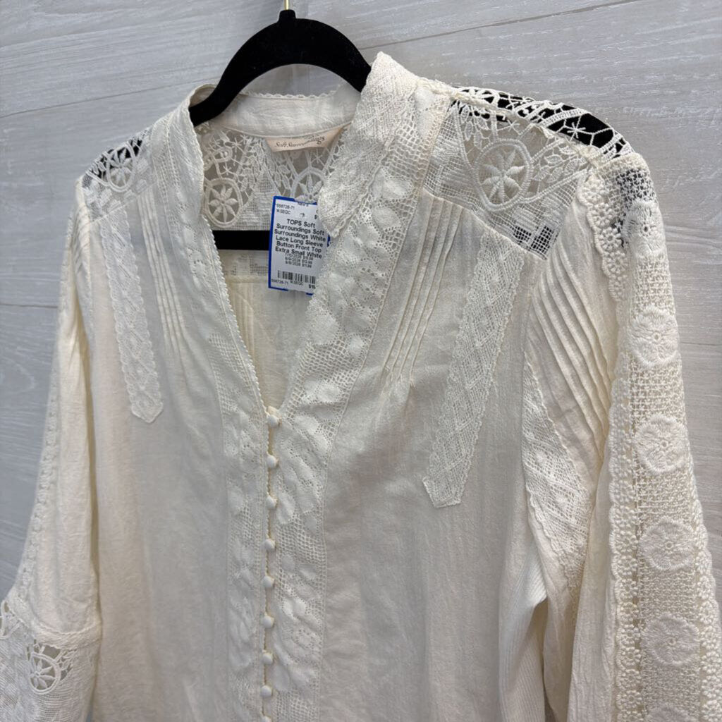 Soft Surroundings White Lace Long Sleeve Button Front Top Extra Small
