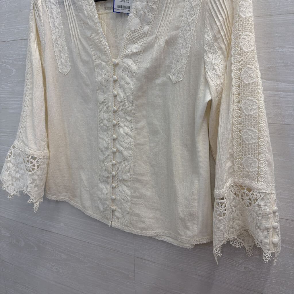 Soft Surroundings White Lace Long Sleeve Button Front Top Extra Small