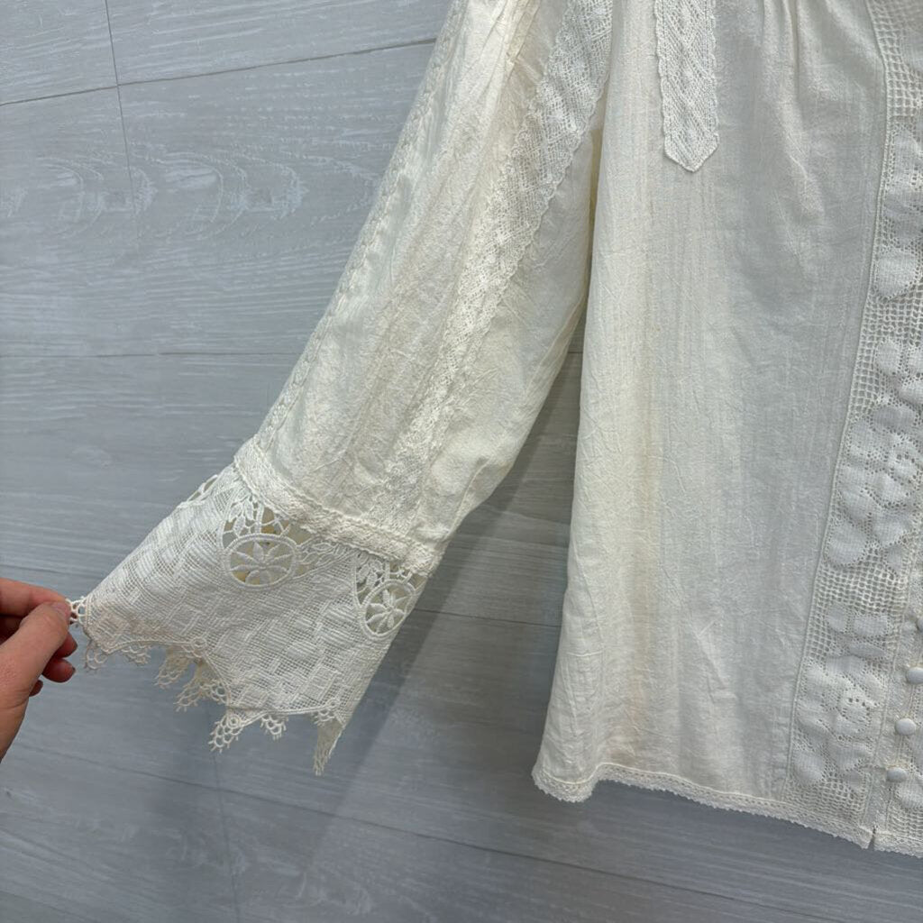 Soft Surroundings White Lace Long Sleeve Button Front Top Extra Small