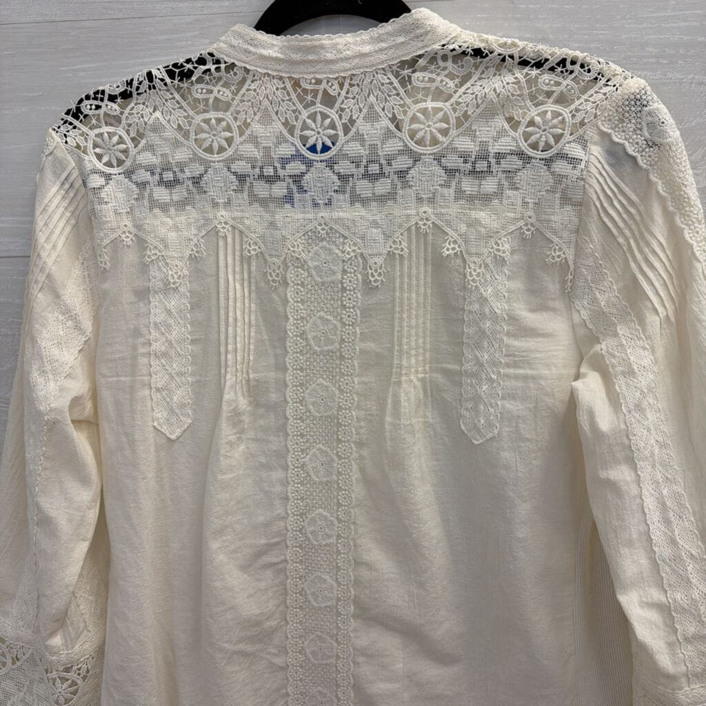 Soft Surroundings White Lace Long Sleeve Button Front Top Extra Small
