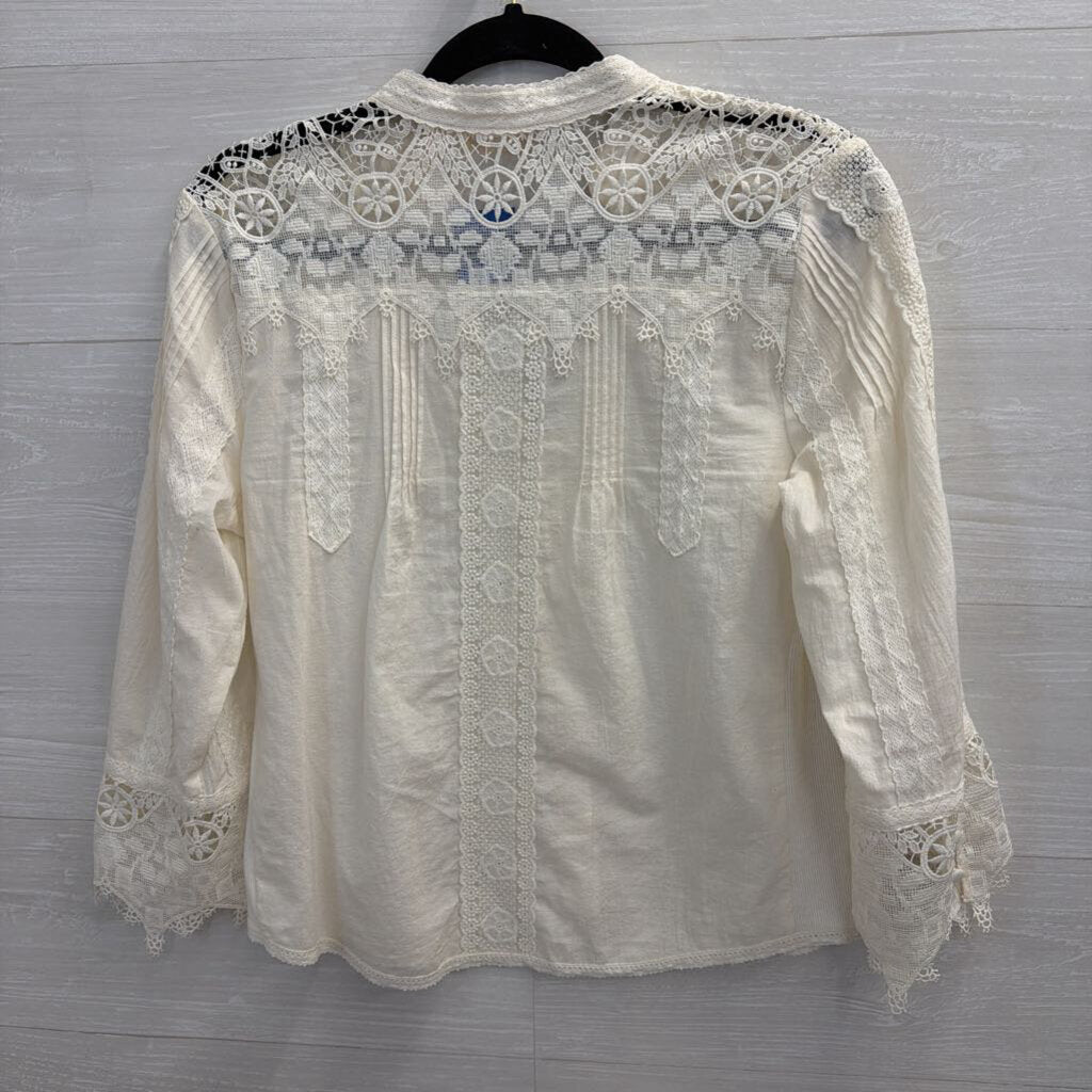 Soft Surroundings White Lace Long Sleeve Button Front Top Extra Small