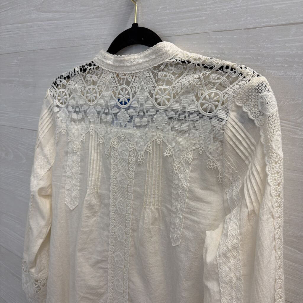 Soft Surroundings White Lace Long Sleeve Button Front Top Extra Small