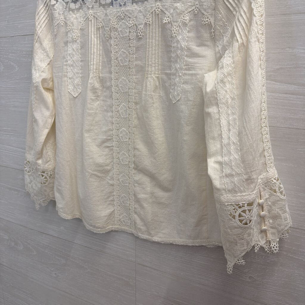Soft Surroundings White Lace Long Sleeve Button Front Top Extra Small