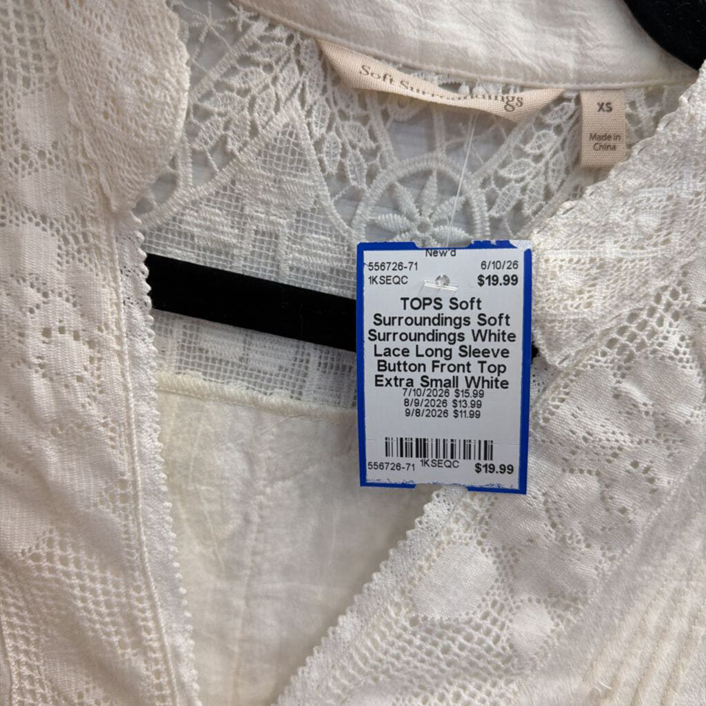Soft Surroundings White Lace Long Sleeve Button Front Top Extra Small