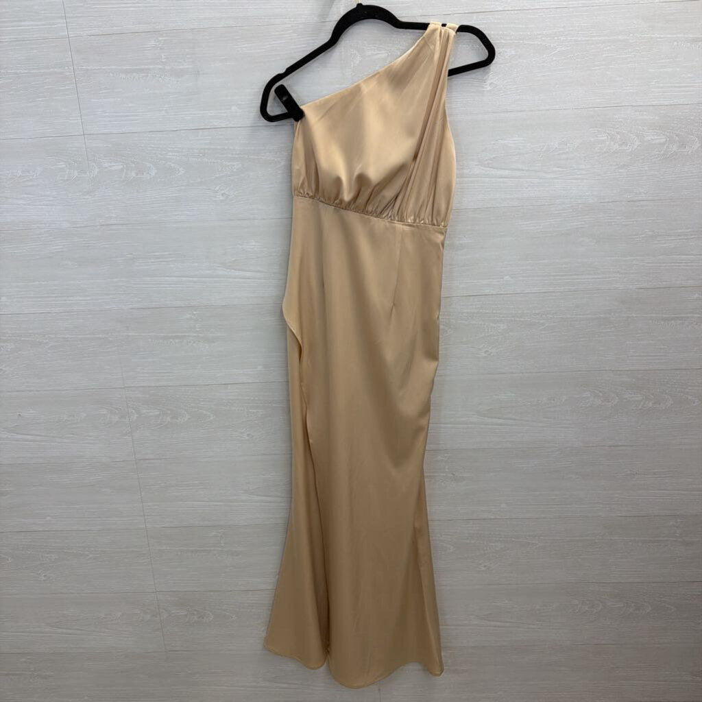 Beginning Boutique Gold Silky One Shoulder Maxi Dress 8