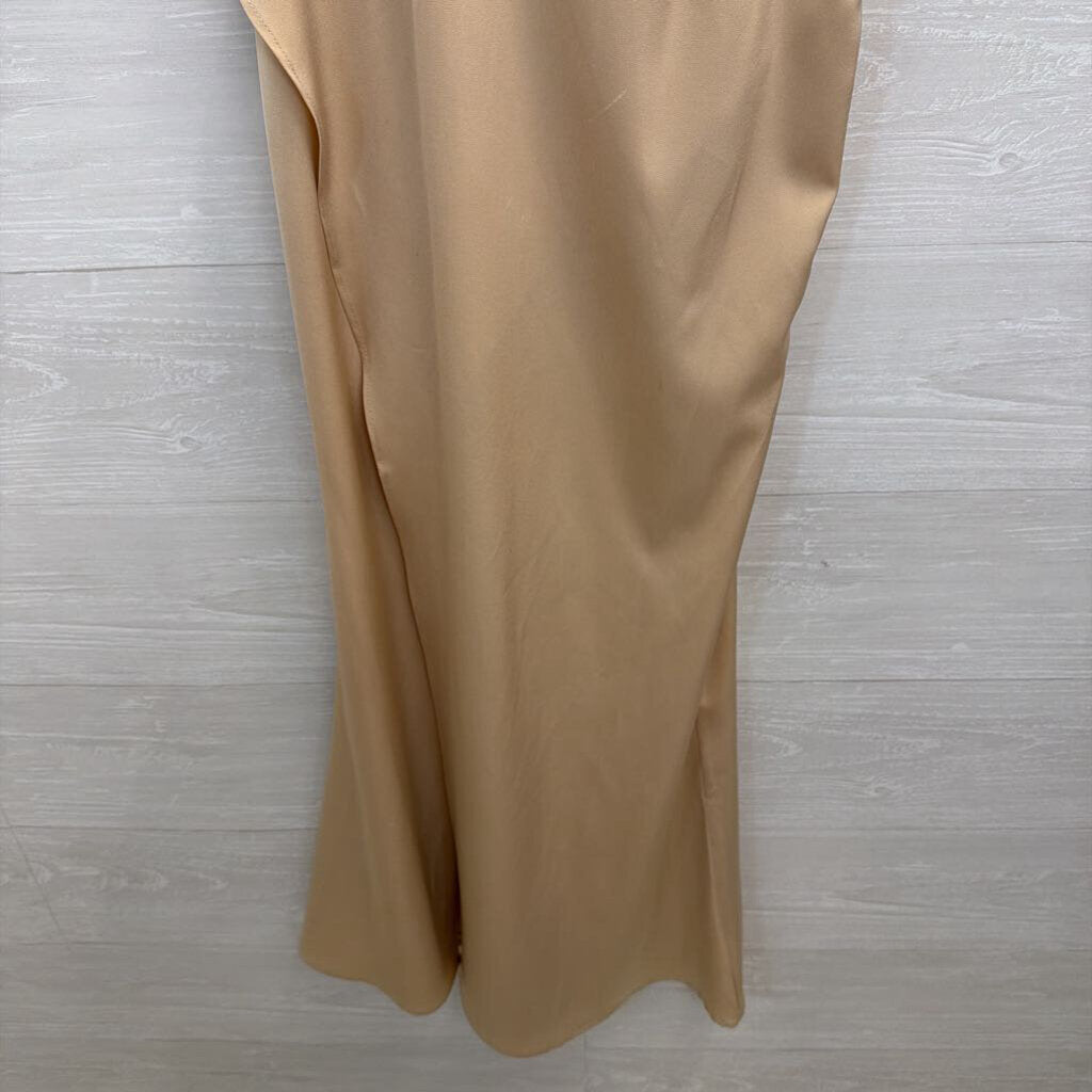 Beginning Boutique Gold Silky One Shoulder Maxi Dress 8