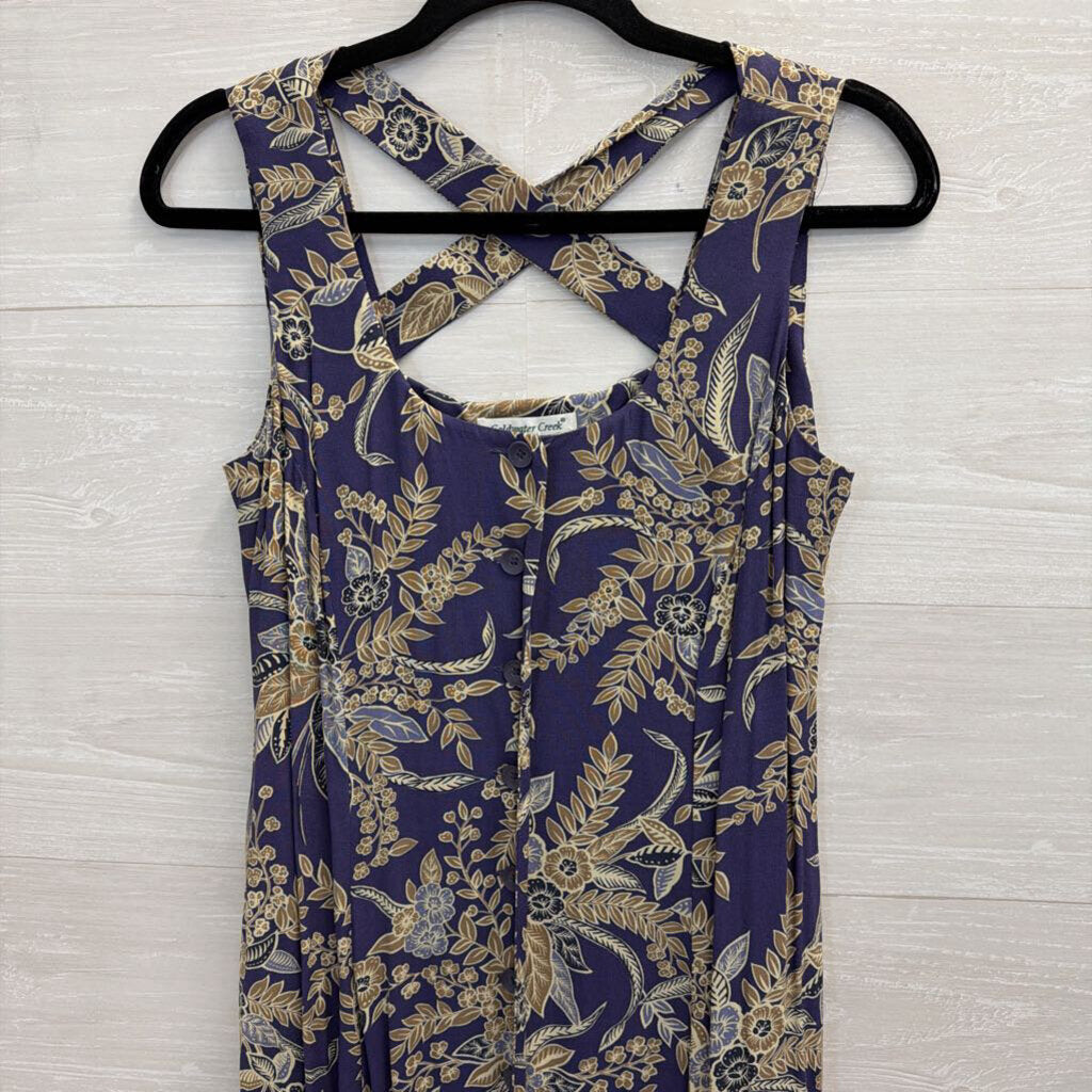 Vintage Coldwater Creek Blue/ Beige Print Button Front Midi Dress 10 Petite
