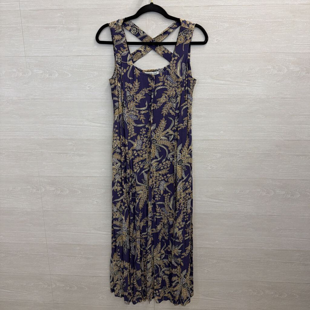 Vintage Coldwater Creek Blue/ Beige Print Button Front Midi Dress 10 Petite