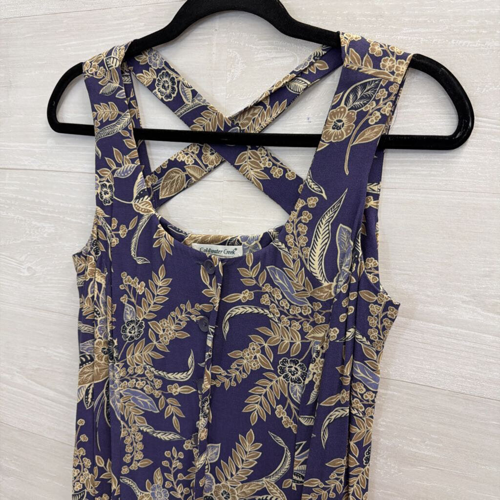 Vintage Coldwater Creek Blue/ Beige Print Button Front Midi Dress 10 Petite