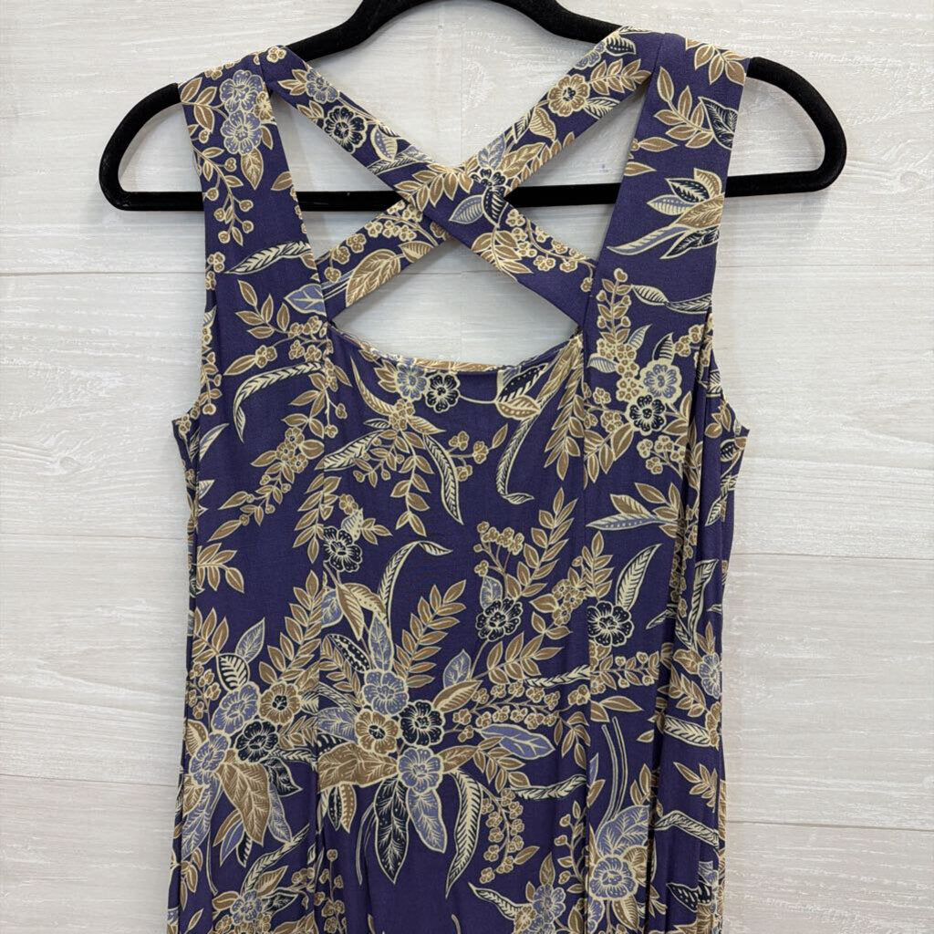 Vintage Coldwater Creek Blue/ Beige Print Button Front Midi Dress 10 Petite
