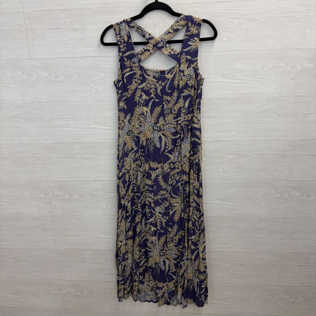 Vintage Coldwater Creek Blue/ Beige Print Button Front Midi Dress 10 Petite