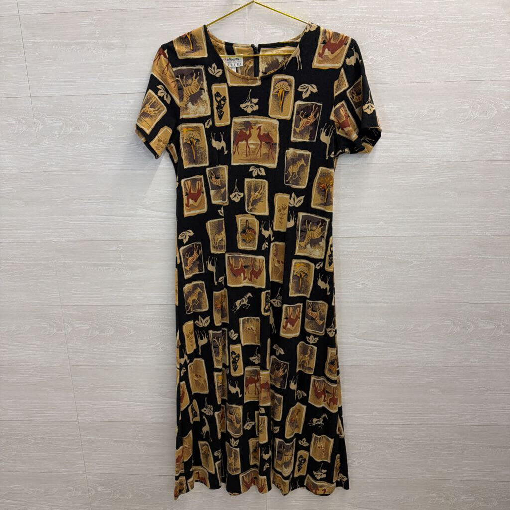 Talbots Black/ Beige Animal Print Short Sleeve Midi Dress Small Petite