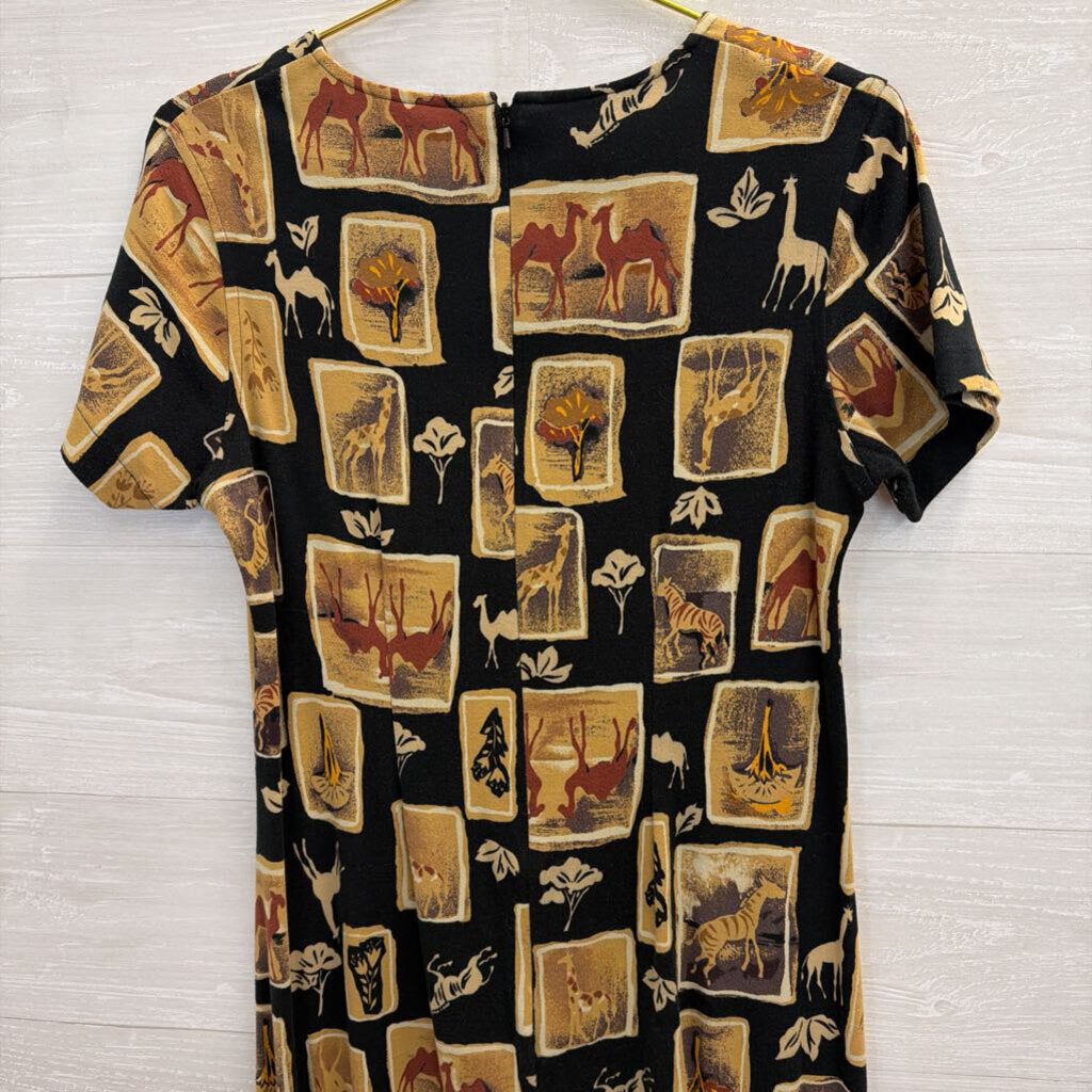 Talbots Black/ Beige Animal Print Short Sleeve Midi Dress Small Petite