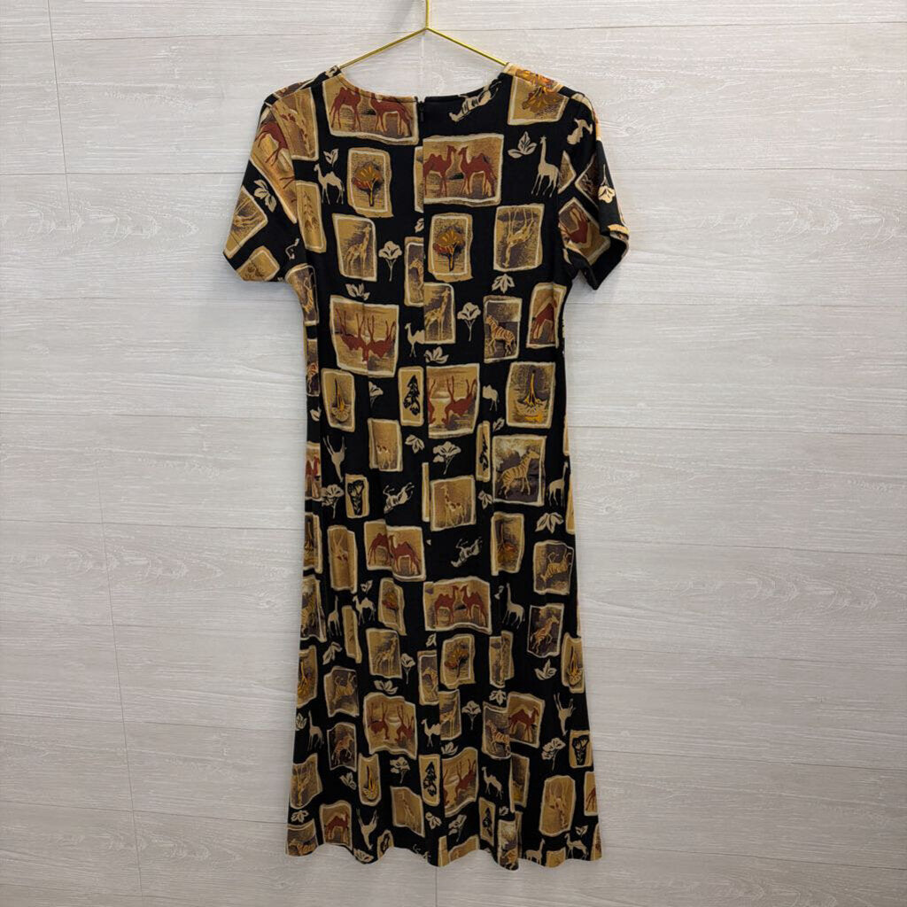 Talbots Black/ Beige Animal Print Short Sleeve Midi Dress Small Petite
