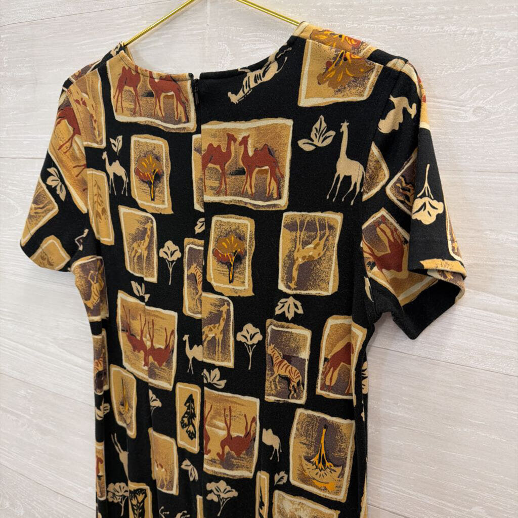 Talbots Black/ Beige Animal Print Short Sleeve Midi Dress Small Petite