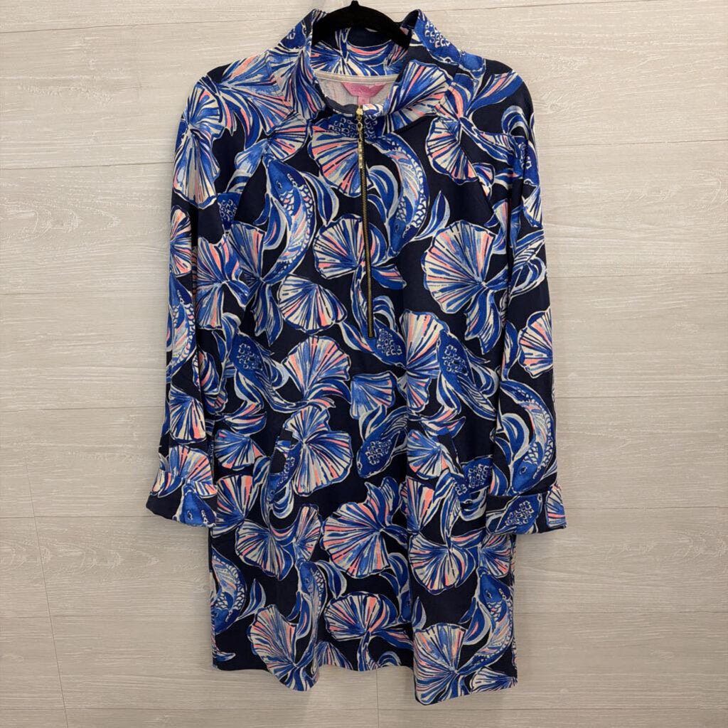 Lilly Pulitzer Blue/ Multi Print Long Sleeve Half Zip Dress Extra Large