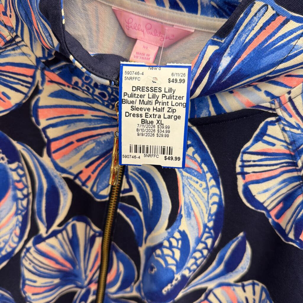 Lilly Pulitzer Blue/ Multi Print Long Sleeve Half Zip Dress Extra Large