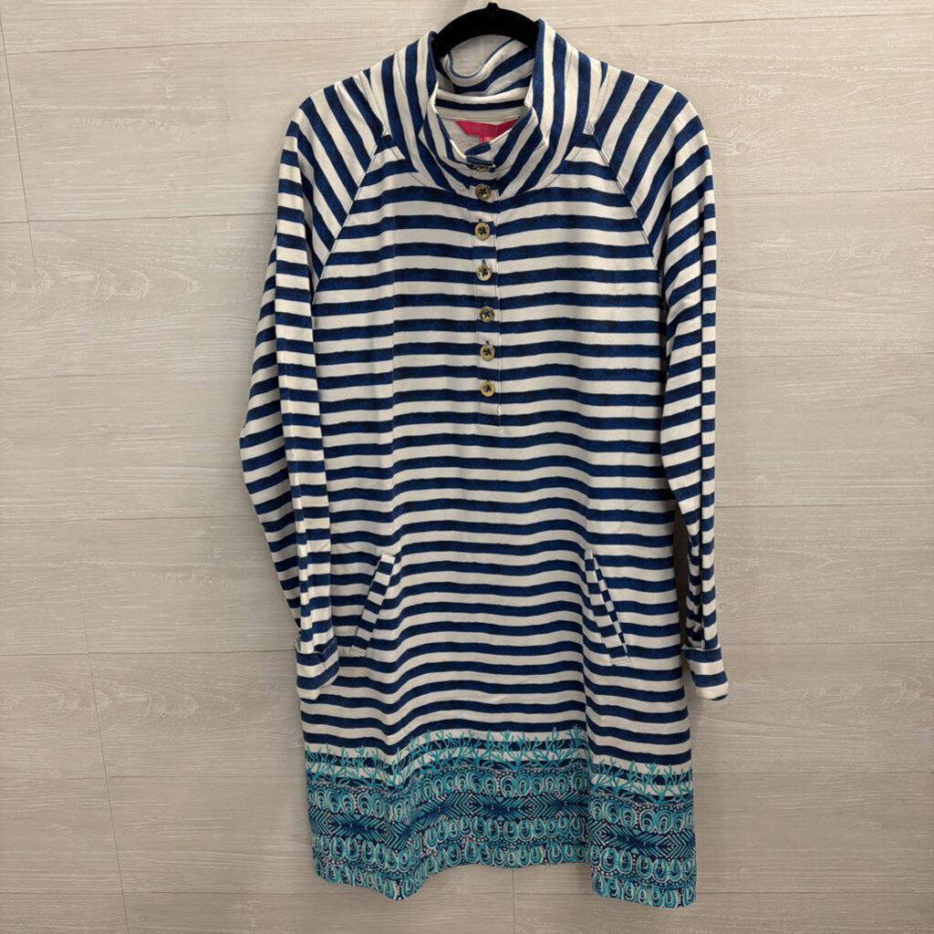 Lilly Pulitzer White/ Blue Striped Long Sleeve Half Zip Dress Extra Large