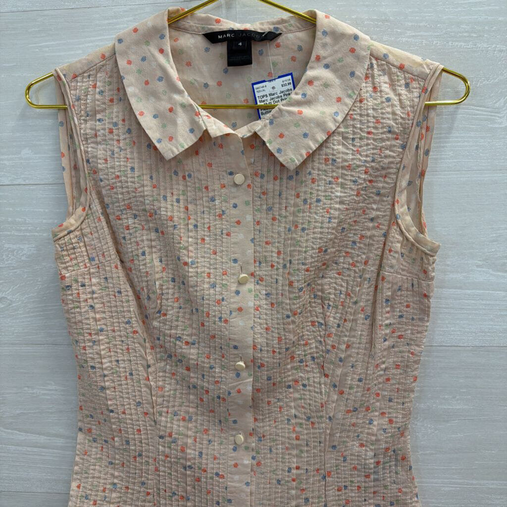 Marc Jacobs Pink/ Multi Dot Print Pleated Sleeveless Button Down Top 4