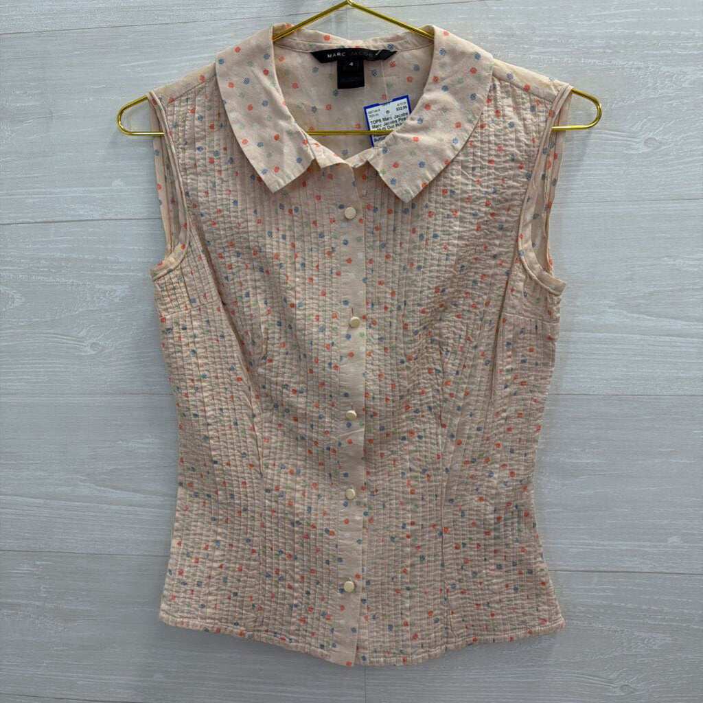 Marc Jacobs Pink/ Multi Dot Print Pleated Sleeveless Button Down Top 4