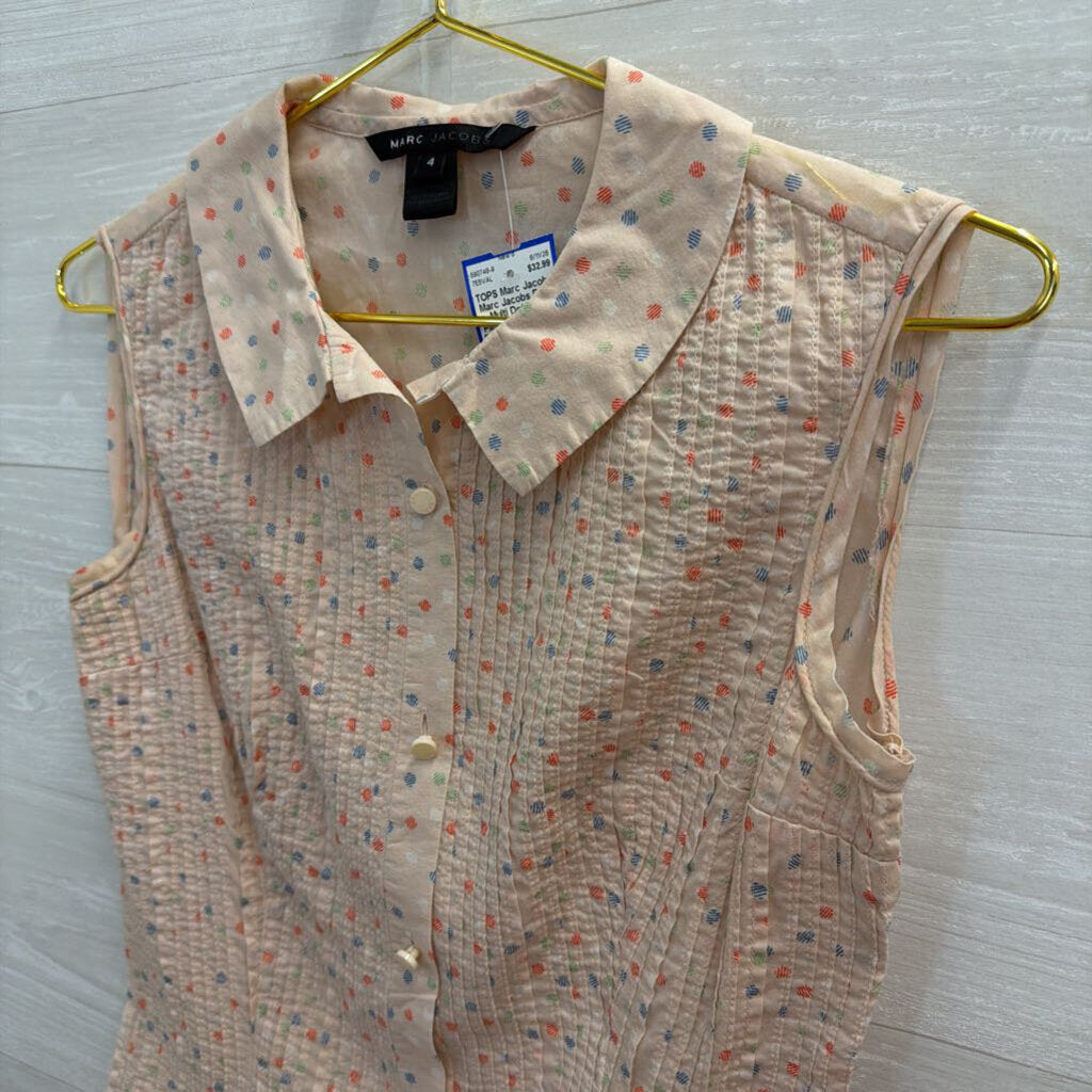 Marc Jacobs Pink/ Multi Dot Print Pleated Sleeveless Button Down Top 4