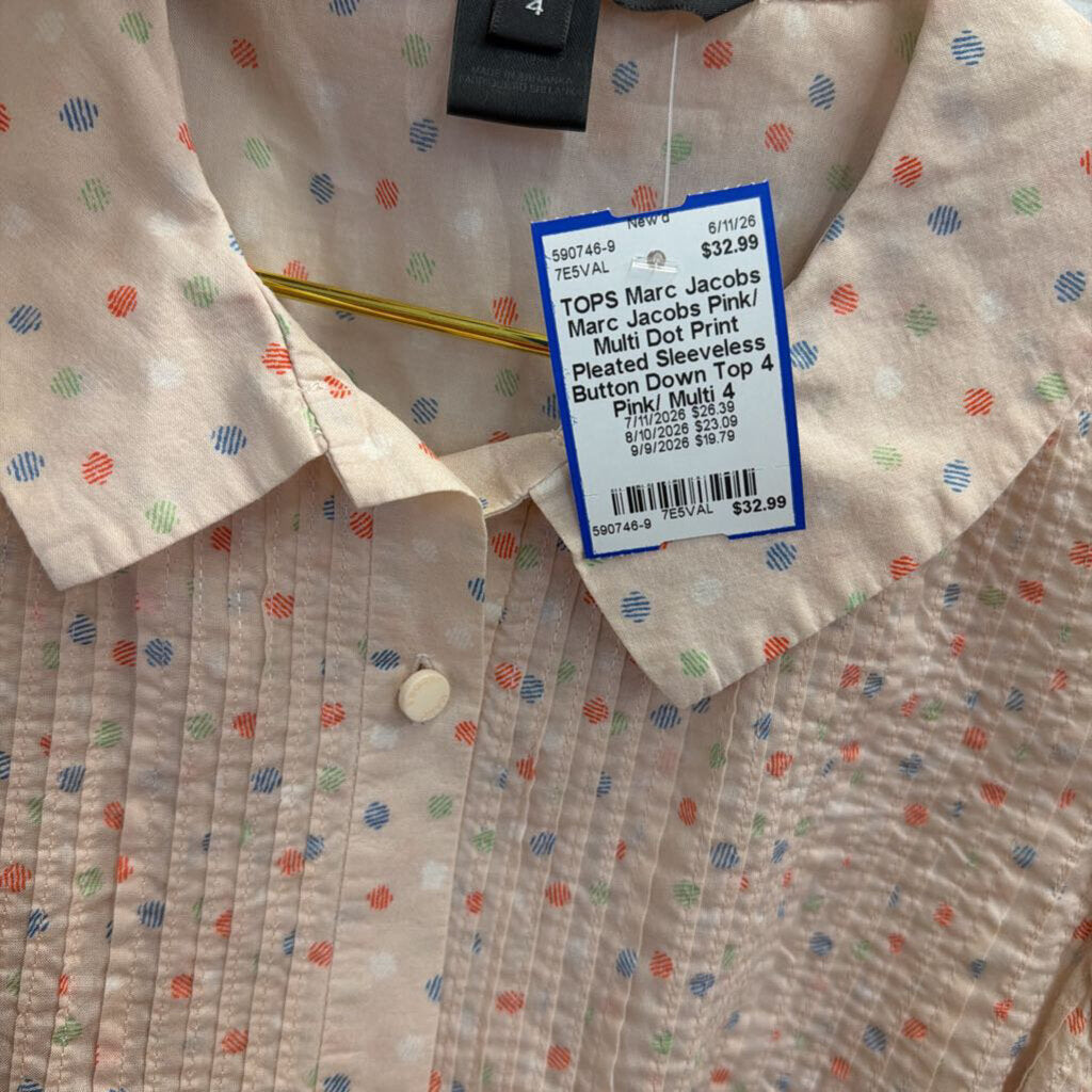 Marc Jacobs Pink/ Multi Dot Print Pleated Sleeveless Button Down Top 4