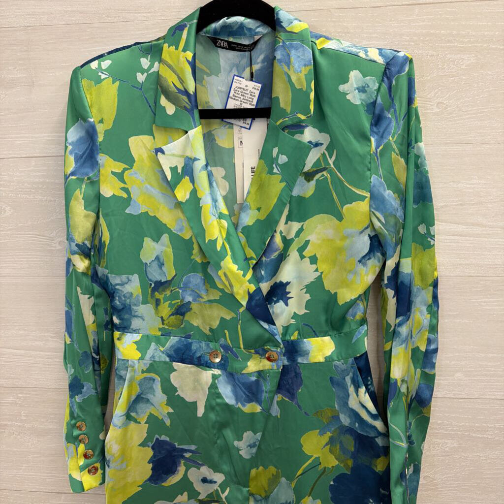 Zara Green/ Multi Print Silky Long Sleeve Jumpsuit Medium