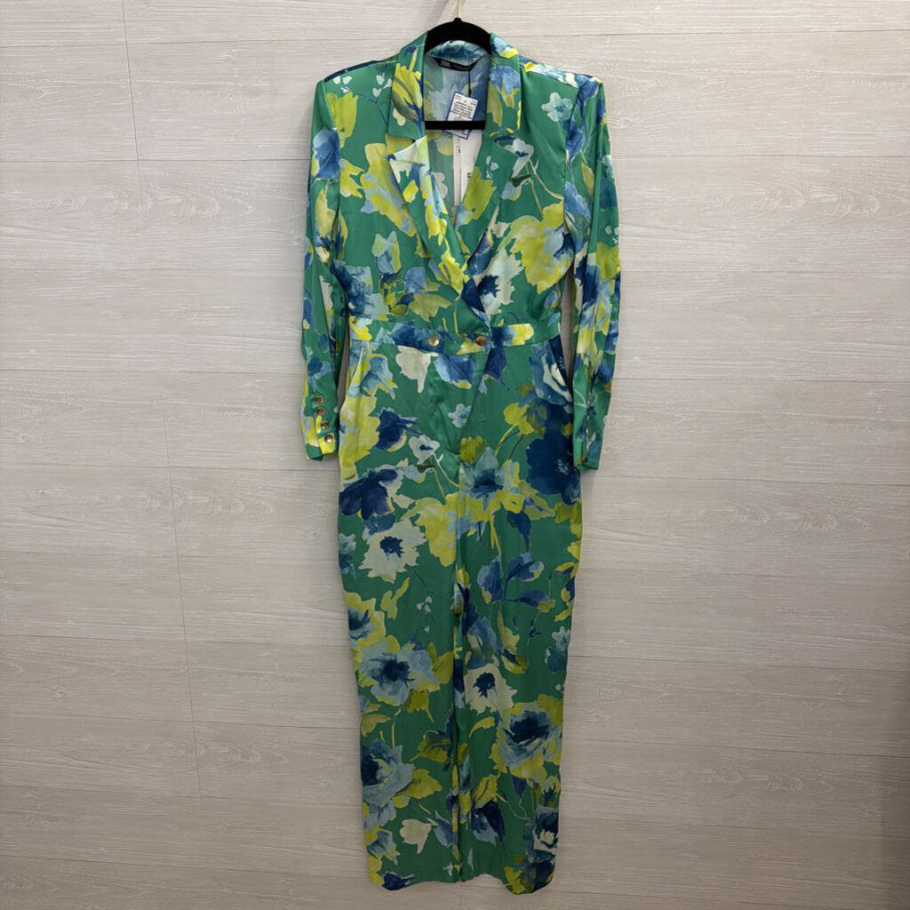 Zara Green/ Multi Print Silky Long Sleeve Jumpsuit Medium