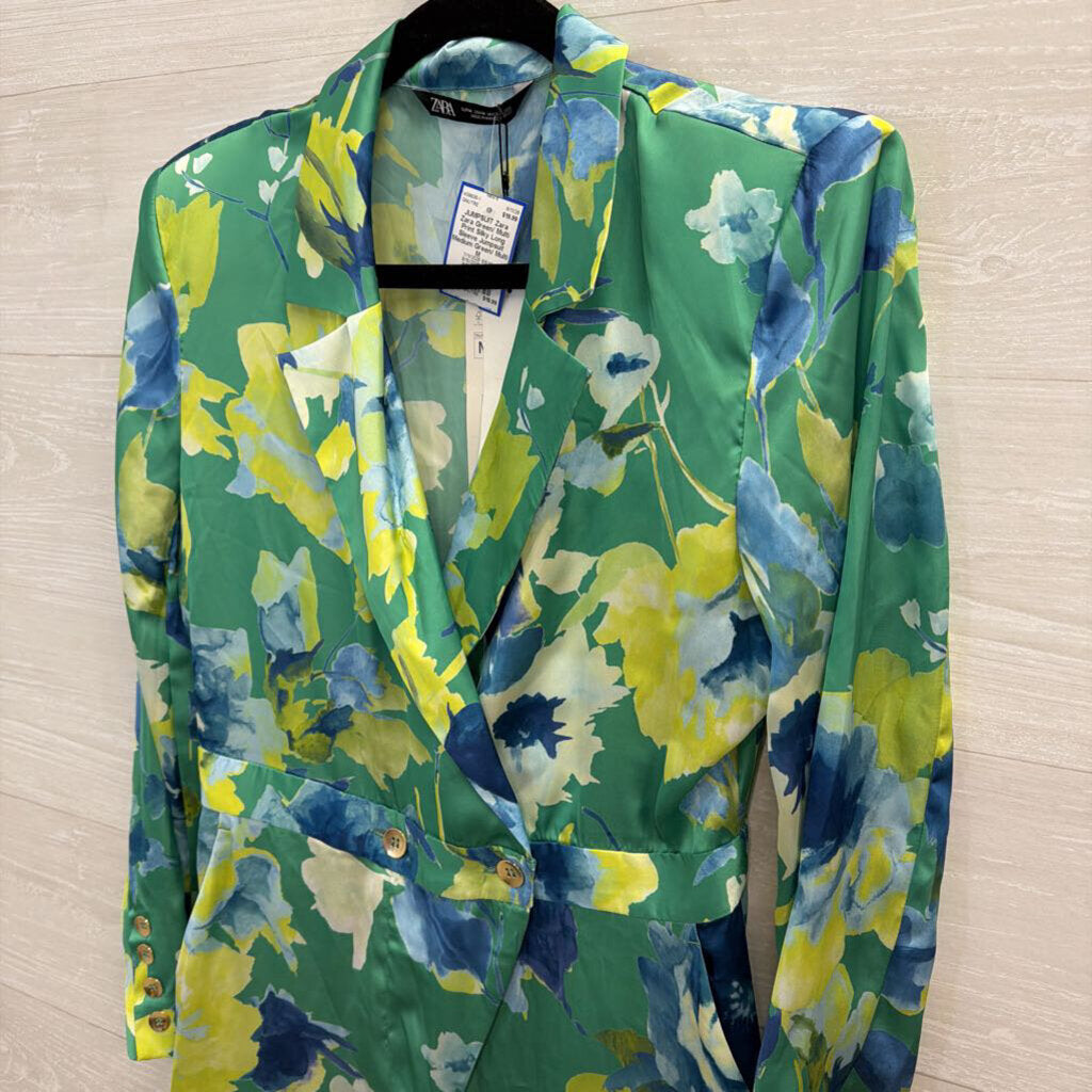 Zara Green/ Multi Print Silky Long Sleeve Jumpsuit Medium