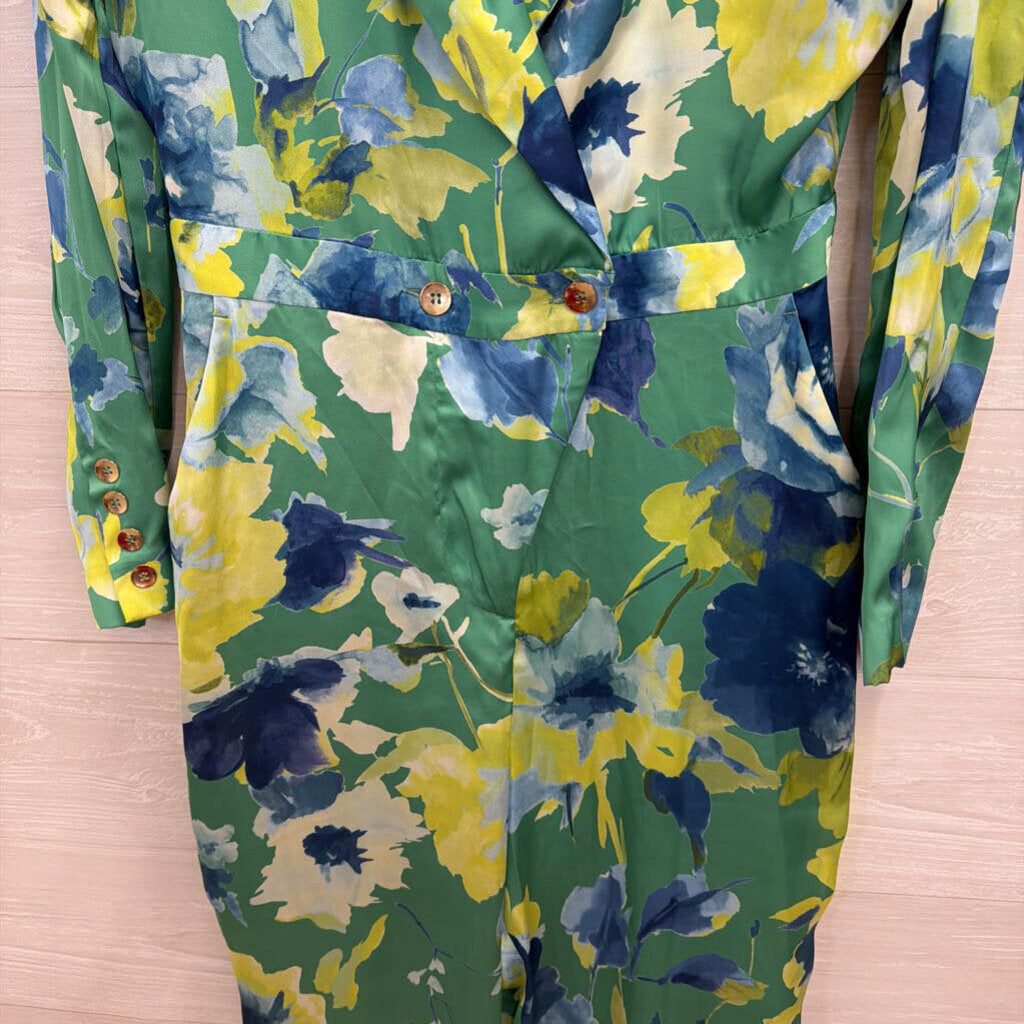 Zara Green/ Multi Print Silky Long Sleeve Jumpsuit Medium