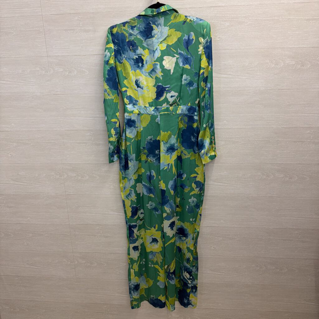 Zara Green/ Multi Print Silky Long Sleeve Jumpsuit Medium