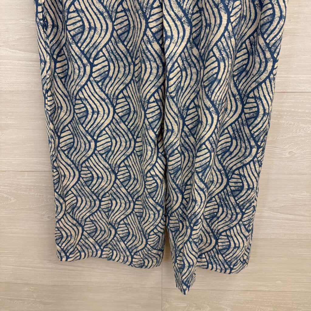 Jules and Leopold Blue/ Beige Print Wide Leg Pants Small