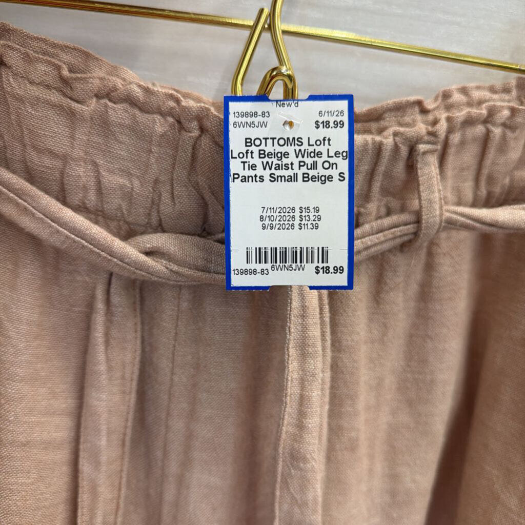 Loft Beige Wide Leg Tie Waist Pull On Pants Small