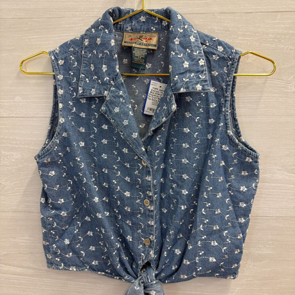 Vintage Blue Embroidered Chambray Cropped Tie Front Sleeveless Top Extra Small