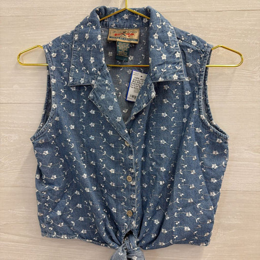 Vintage Blue Embroidered Chambray Cropped Tie Front Sleeveless Top Extra Small