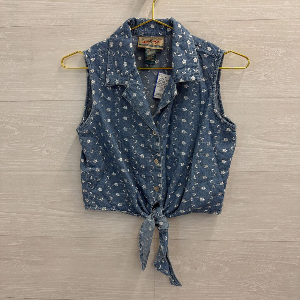 Vintage Blue Embroidered Chambray Cropped Tie Front Sleeveless Top Extra Small