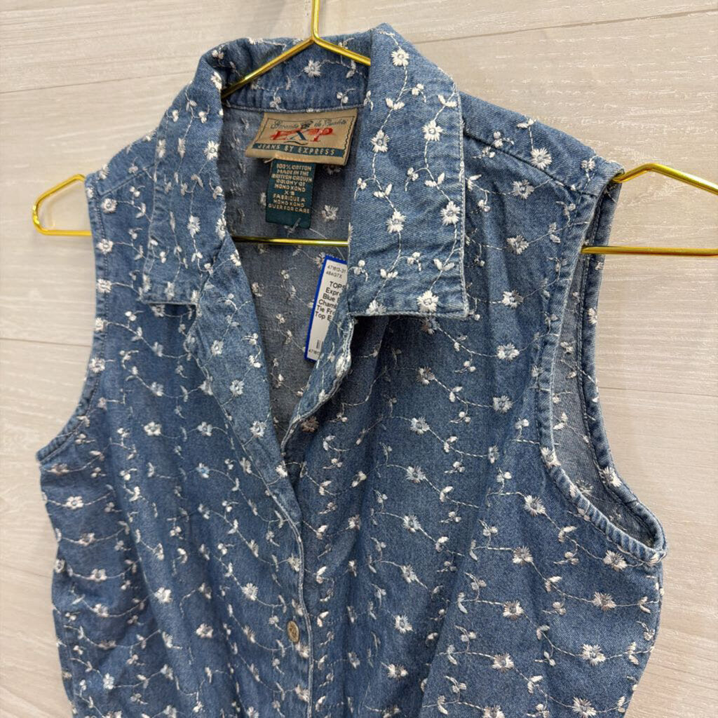 Vintage Blue Embroidered Chambray Cropped Tie Front Sleeveless Top Extra Small