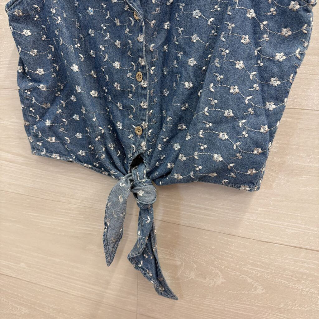 Vintage Blue Embroidered Chambray Cropped Tie Front Sleeveless Top Extra Small