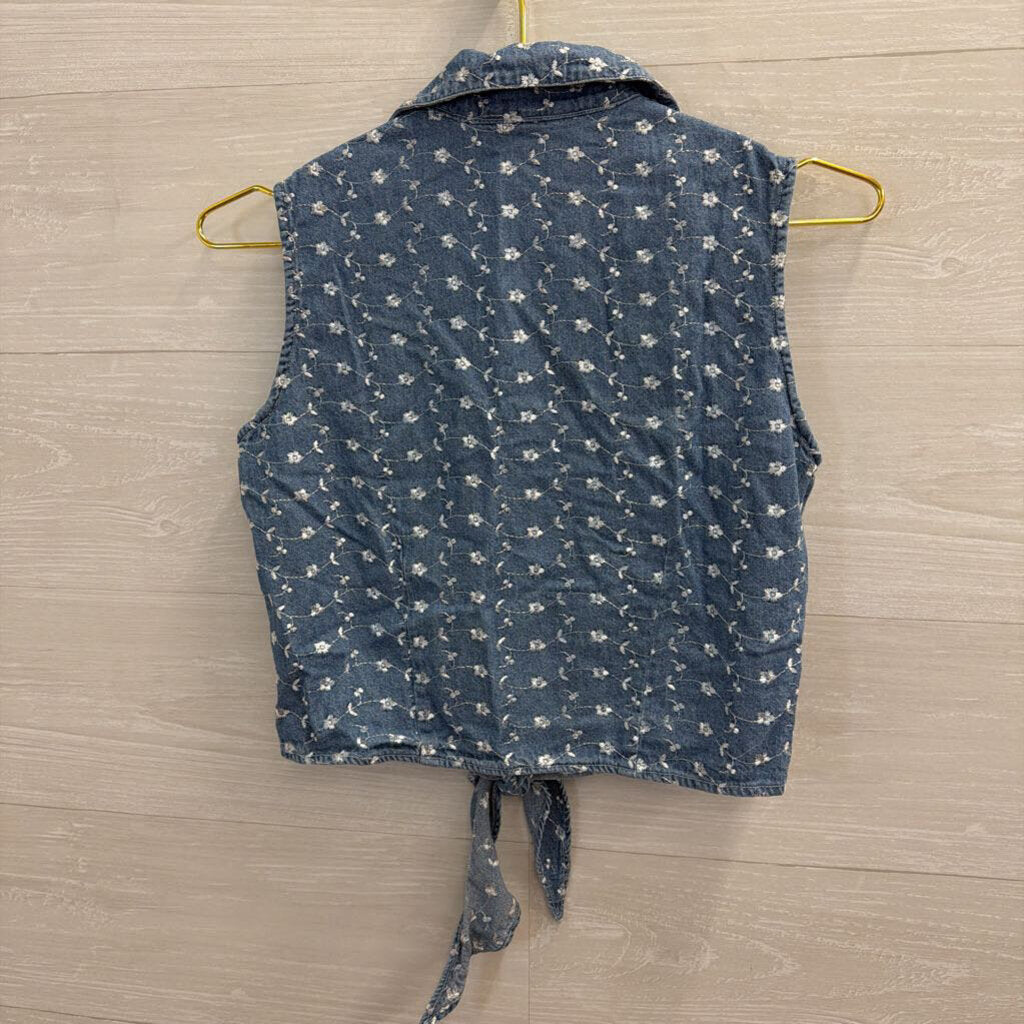 Vintage Blue Embroidered Chambray Cropped Tie Front Sleeveless Top Extra Small