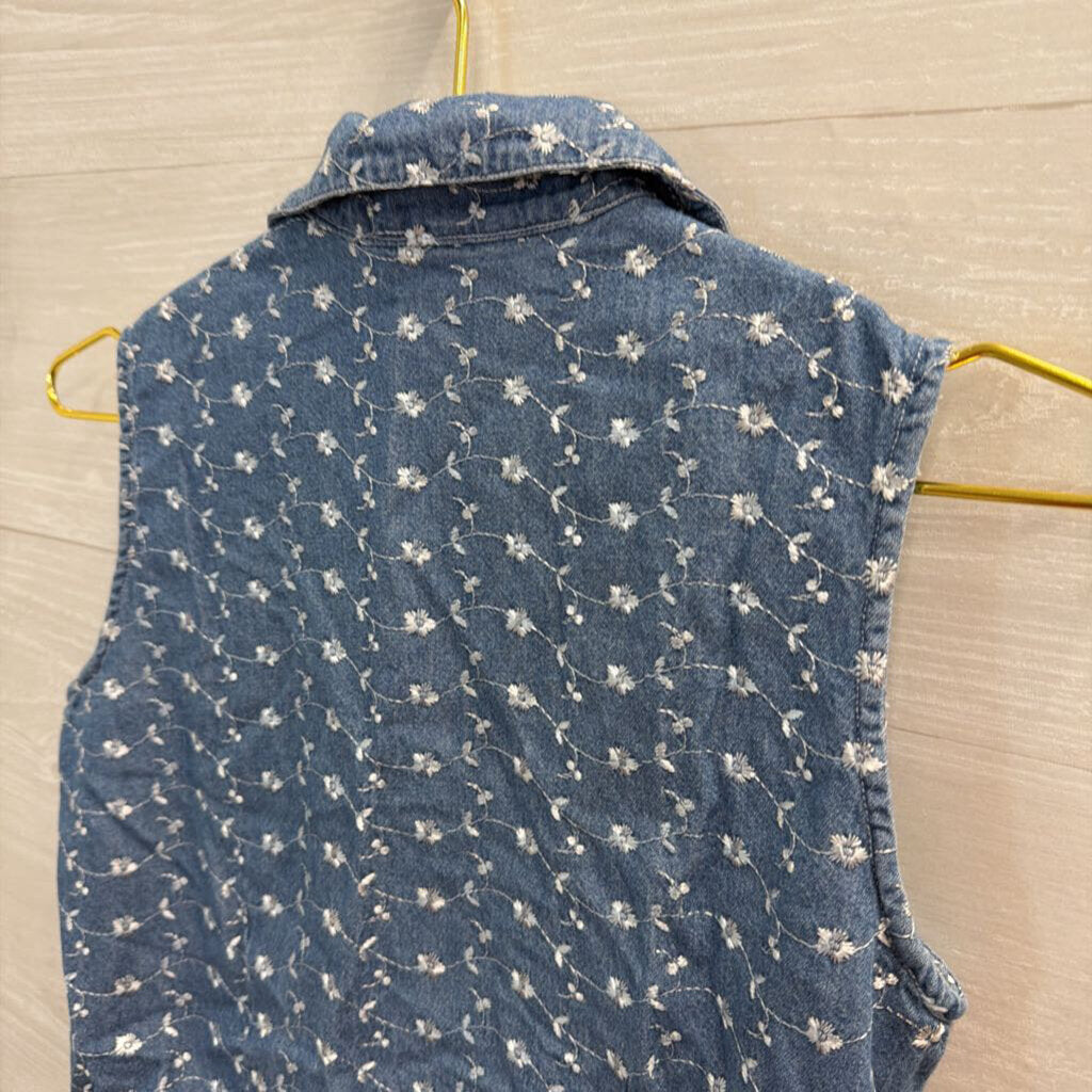 Vintage Blue Embroidered Chambray Cropped Tie Front Sleeveless Top Extra Small