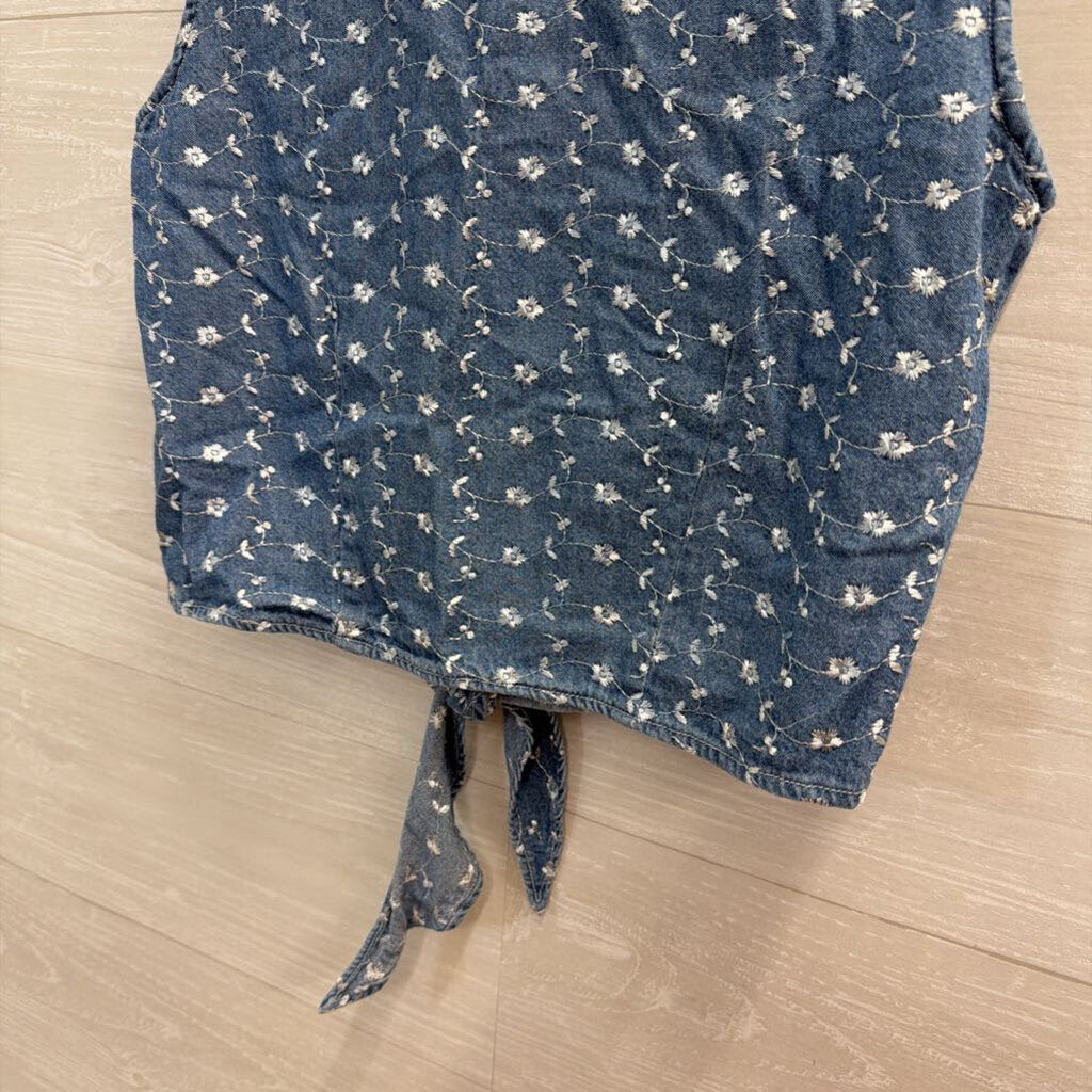 Vintage Blue Embroidered Chambray Cropped Tie Front Sleeveless Top Extra Small
