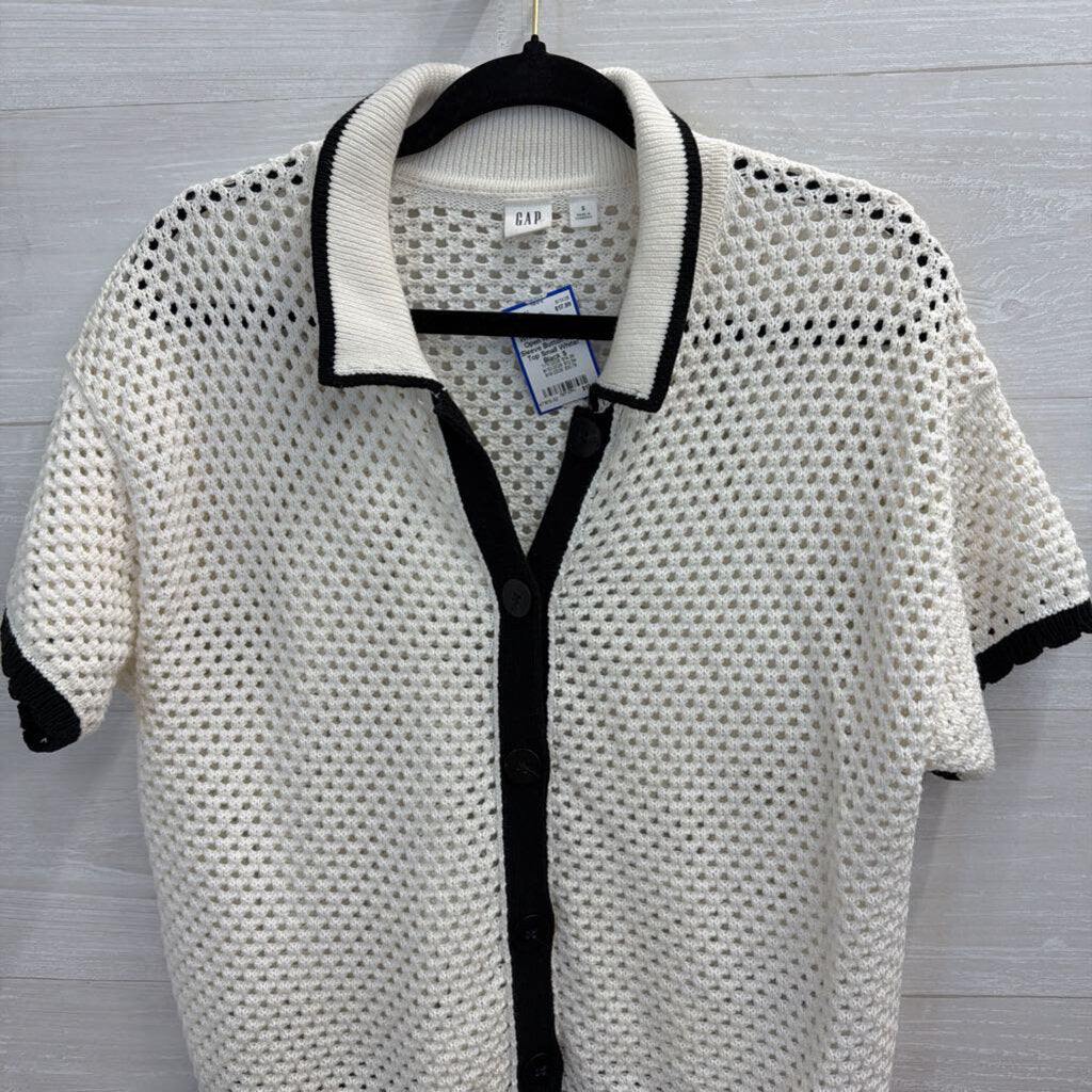 Gap White/ Black Trim Open Knit Short Sleeve Button Front Top Small