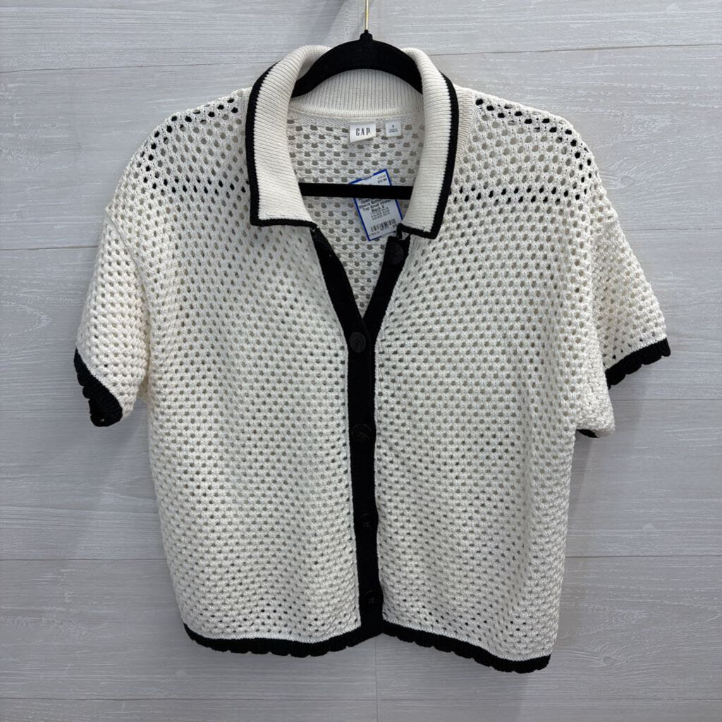 Gap White/ Black Trim Open Knit Short Sleeve Button Front Top Small